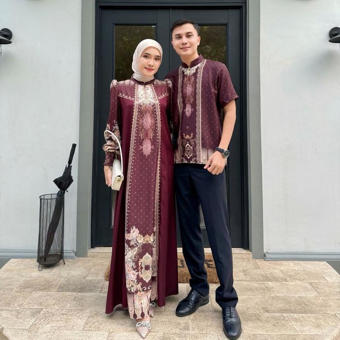 Couple Pasangan Lebaran Sarimbit Kayrina Baju Muslim Kondangan Motif Printing Elegan Pasti Ori