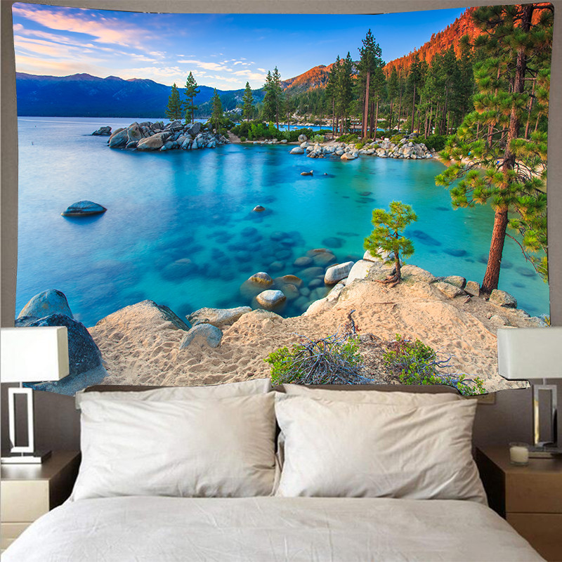 Mountain Forest and Lake Landscape Tapestry Bohemian Living Room Wall Fabric Bedroom Decoration