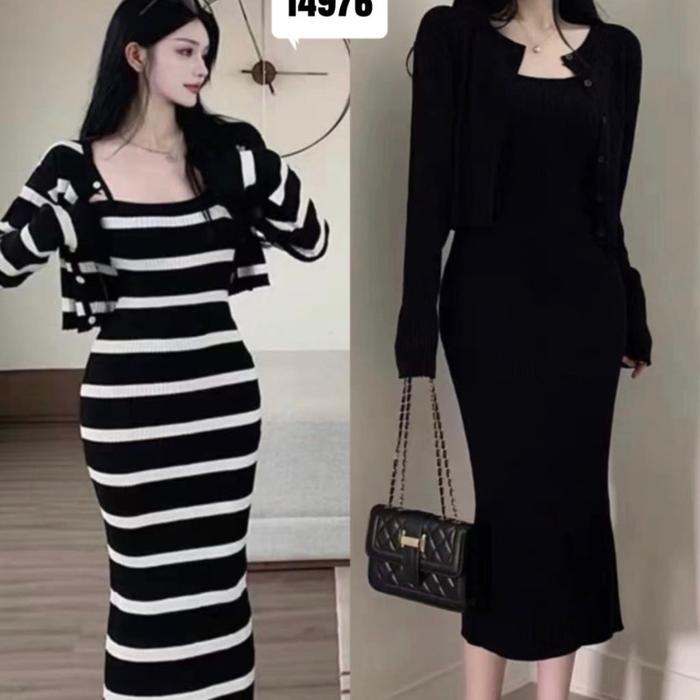 co.nina set dres plus cardigan 2 in 1 rajut import wanita kancing setelan garis