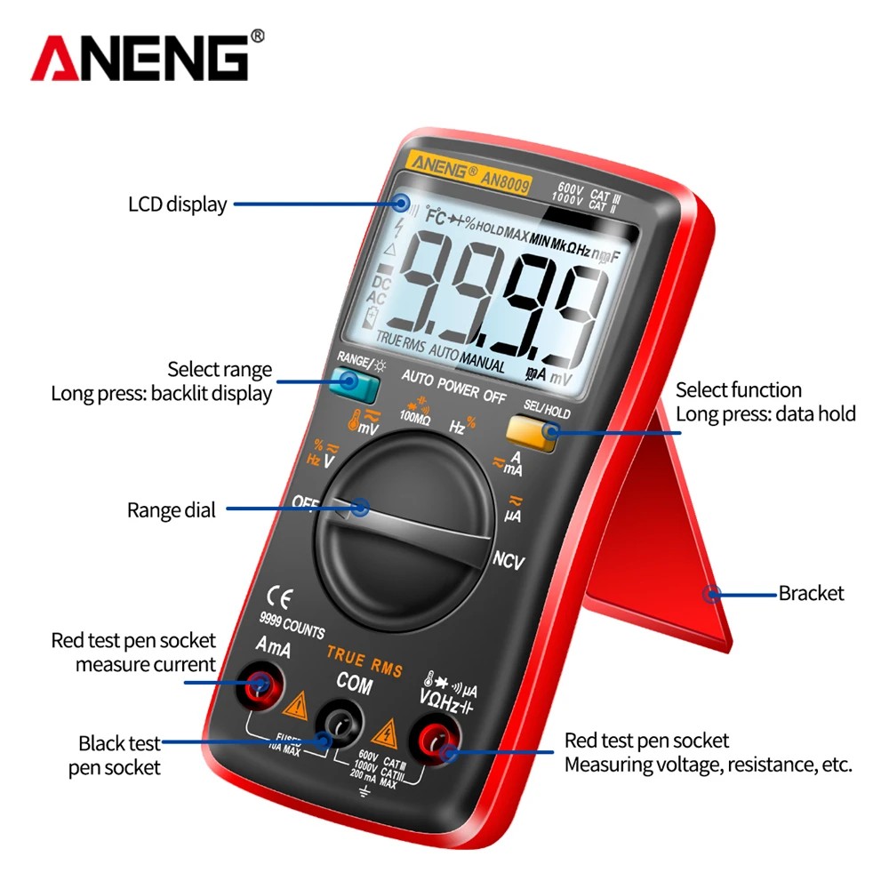 Digital Multimeter Transistor ANENG AN8009 Testers Capacitor True-RMS Tester Automotive Electrical