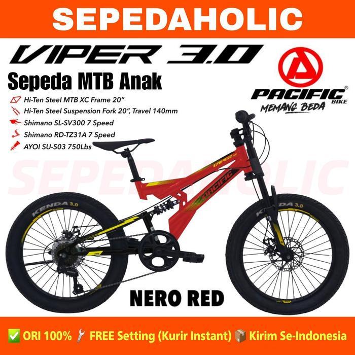 Sepeda Gunung MTB PACIFIC VIPER 3.0 Ban Jumbo 3.0 Ukuran 20 Inch Suspensi Rem Cakram - Nero Red