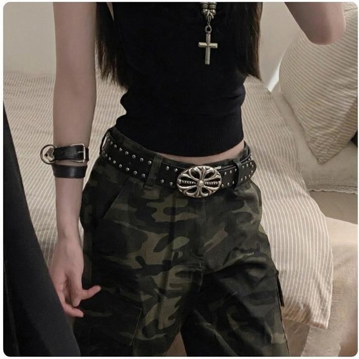 Sale Lkat Pinggang Kulit Pu Paku Keling Gesper Metal Hitam Fashion Korea Sabuk Serbaguna Untuk Jeans
