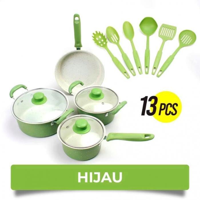 WARNA HIJAU Panci Set 13 Tutup Kaca Serbaguna Panci Set Lengkap Stainless