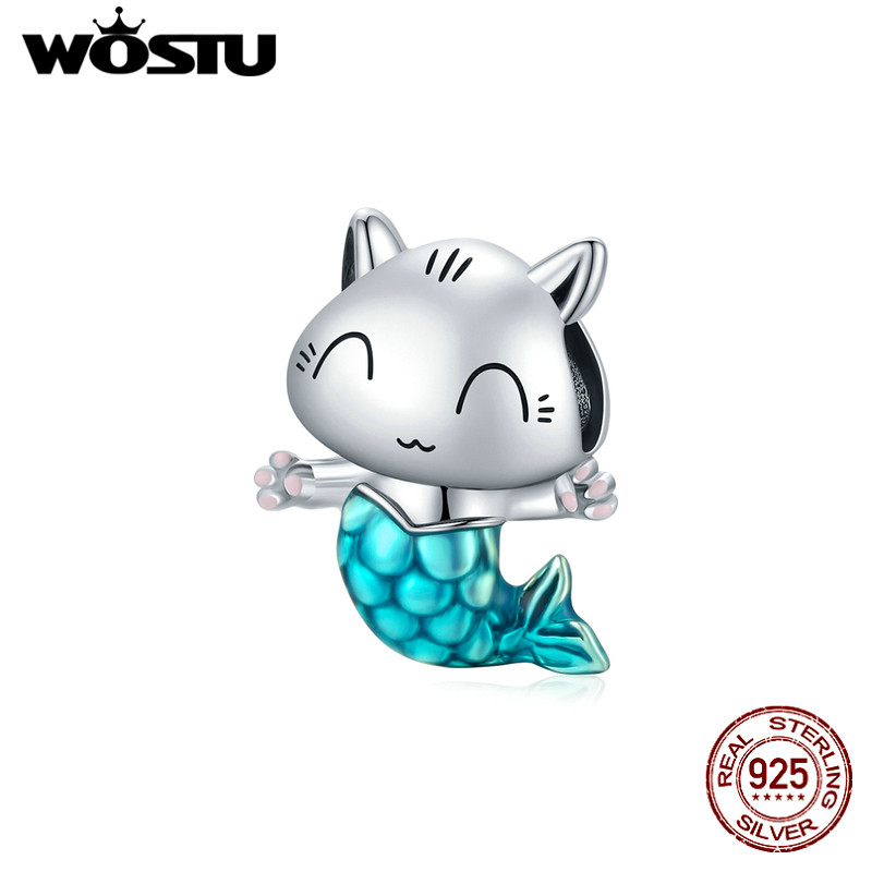 WOSTU 925 Sterling Silver Mermaid Tail Bear Cat Charm Bead Pendant Fit Original Bracelet Necklace