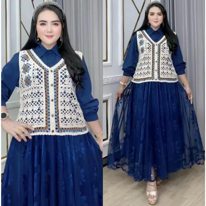 Baju Wanita Rajut Rompi Brokat Bervariasi Rompi Lepas - Atas Bahan Silk Bawah Brokat, Lengan panjang