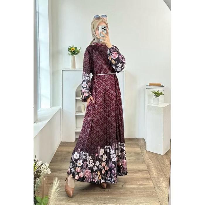 Gamis Plisket Motif Printing Terbaru Bunga Floral Pasti Ori