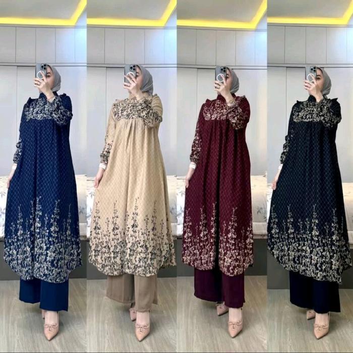 Setalan Long Tunik Wanita Satu Set Baju Dan Celana Kulot Bahan Rayond Diamond Mix Crinkle Airflow