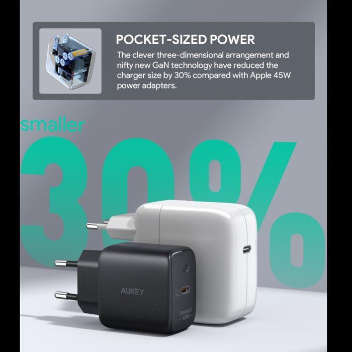 Aukey Charger Pa-B2T Type C 45W Gan Pd 3.0 Fast Charging Populer