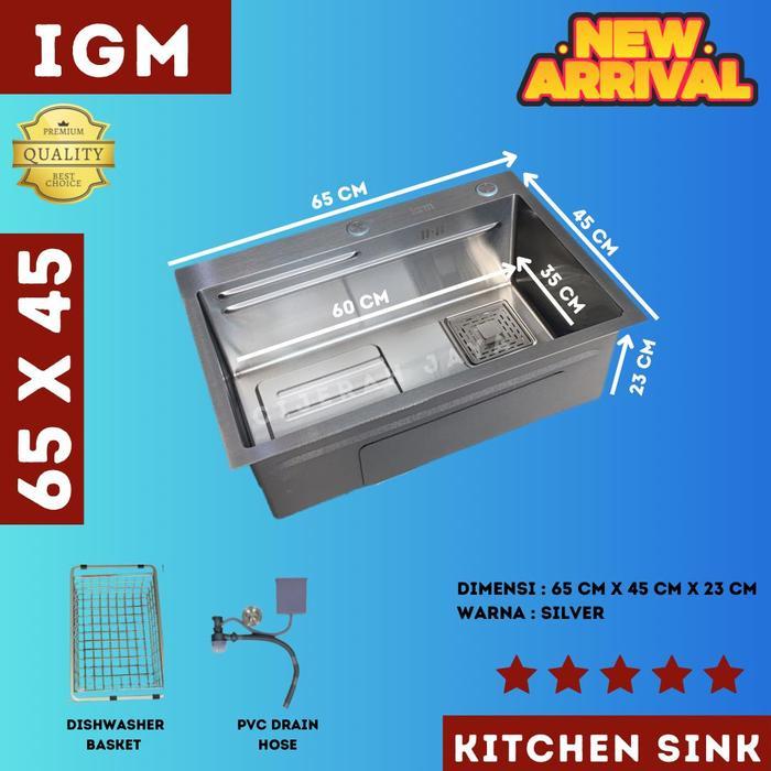 IGM KITCHEN SINK PREMIUM IGM 65X45 STAINLESS SILVER SATIN / BAK CUCI PIRING BCP HANDMADE + PENIRIS