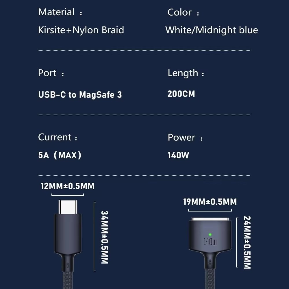 Compatible magsafe3 Magnetic Charger Cable USB-C to magsafe3 Laptop Charging Cable PD 140W for