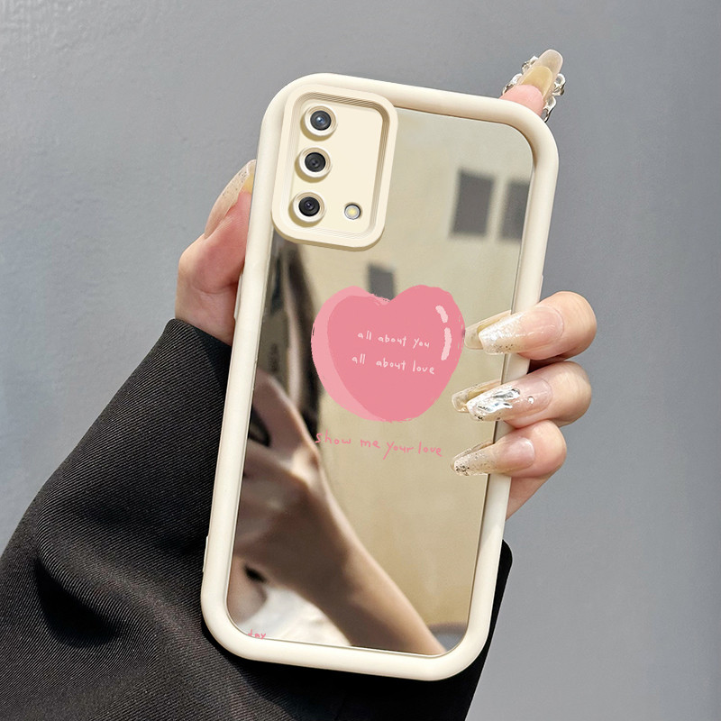 Casing Hp OPPO A74 A95 F19 F19s Case Cute pink heart Cermin Kasing silikon Cesing Anti Bocor Shockpr