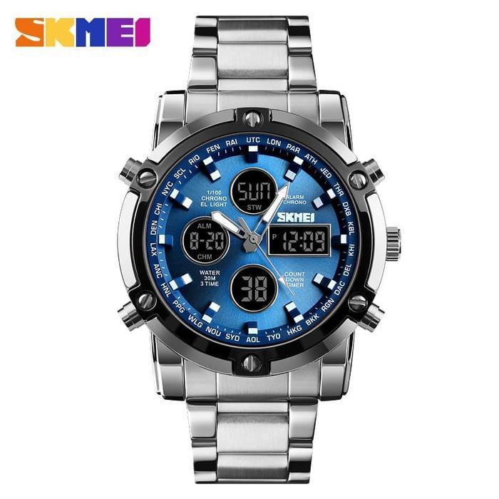 Jam Tangan Pria Digital Skmei 1389 Silverblue Water Resistant 30M Pasti Ori