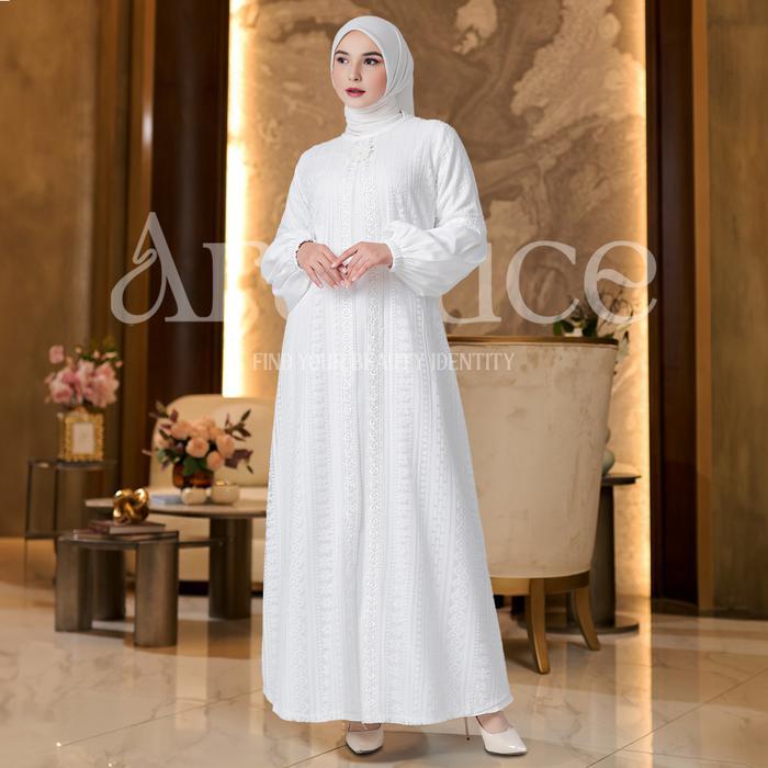 ARALLUCE 020 Gamis Brukat Putih Wanita Elegan Dress Muslim Kondangan Putih Mewah dan Simple Wudhu