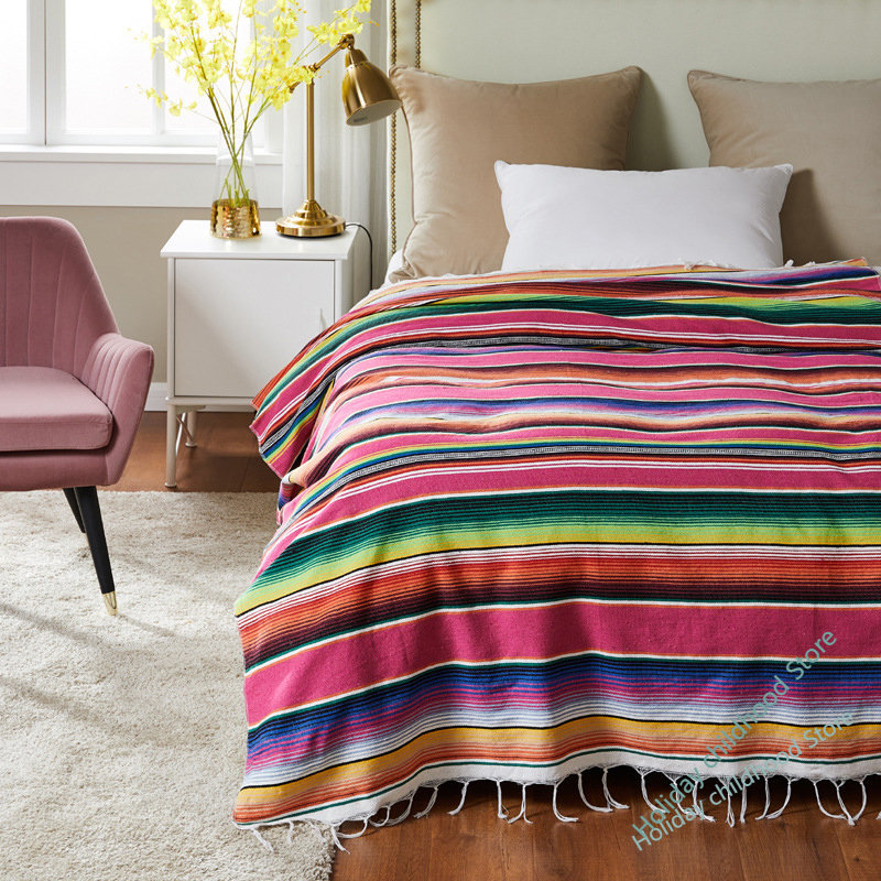 Bohemian style beach blanket, hand striped beach mat with tassels, Mexican style picnic blanket