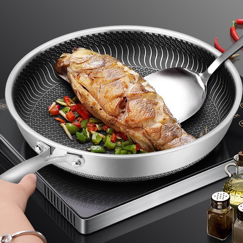 Whole Body Tri-Ply Stainless Steel Frying Pan 316 Stainless Steel Wok Pan Double-sided Honeycomb