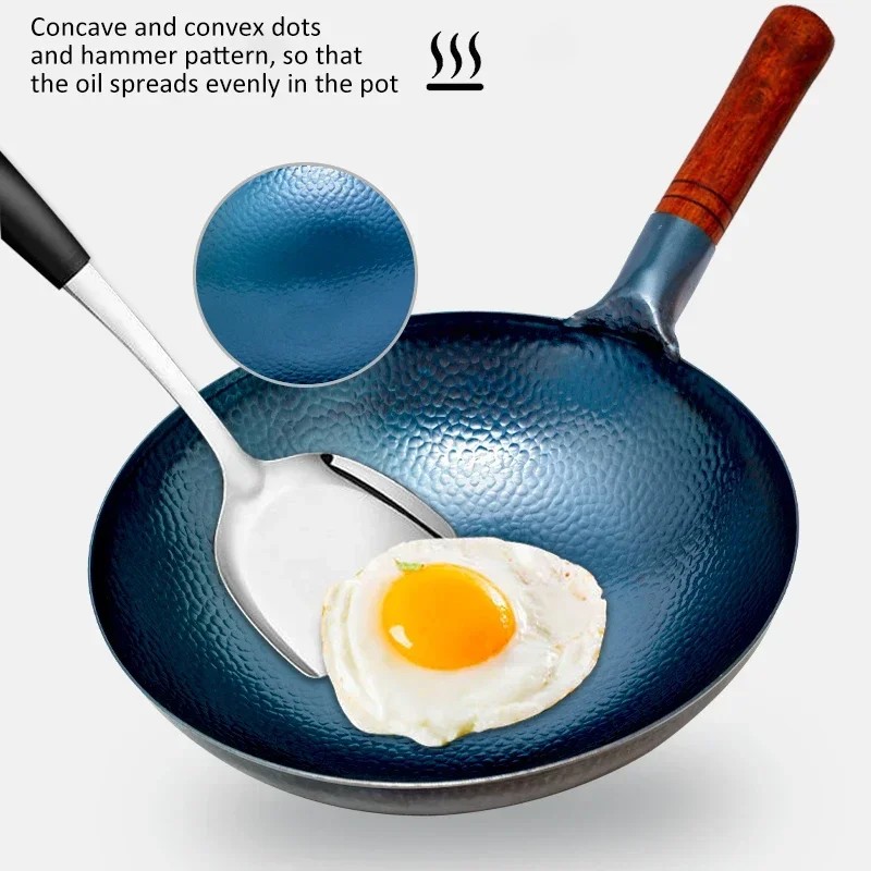 Traditional Handmade Iron Wok Real Hammer Wok Traditional Carbon Steel Pow Wok with Wooden and Steel