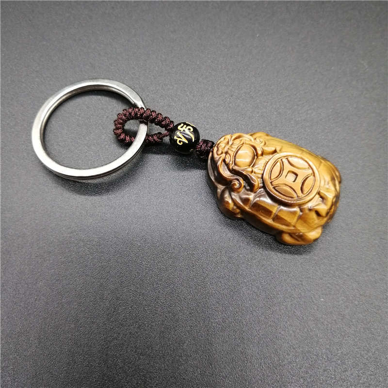 Natural Yellow Tiger eye KeyChain Carved Chinese Dragon Turtle KeyChain Lucky Amulet Bring Wealth