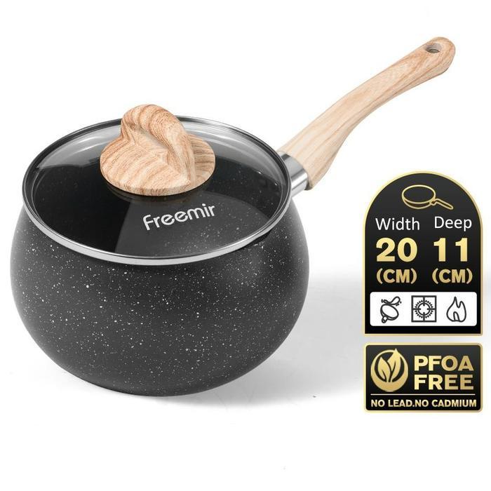 [Crehom] Freemir Panci Susu 16 Cm Batu Granit Dengan Tutup Kaca Set Panci+Teflon Cekung Anti Lengket