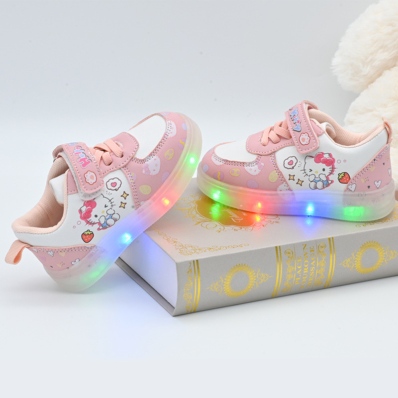 2026 LED Kids Shoes for Girls Cute Cartoon Hello Kitty Shoes Baby Girl Kawaii Canvas Shoes Soft