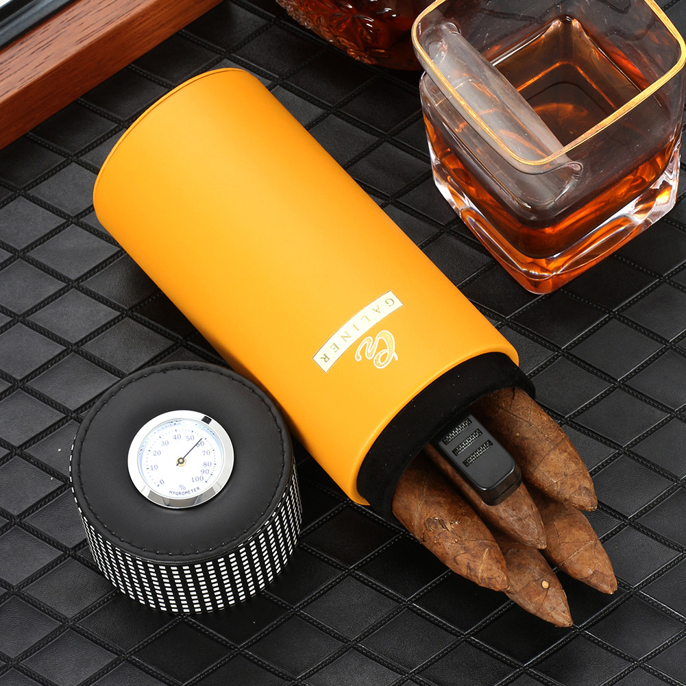GALINER Travel Cigar Jar Tube Cedar Wood Leather Cigar Case Portable Fit About 5 Cigars Humidor Box 