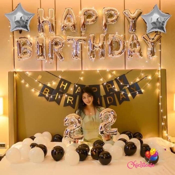 Paket dekorasi ulang tahun dewasa happy birthday LED elegant fancy black white Ulang tahun Ulang