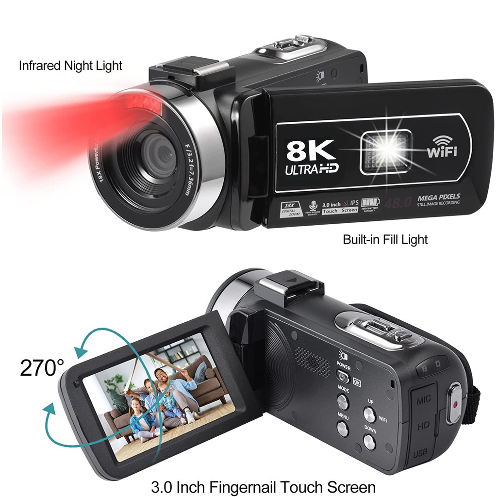 Vlogging Digital Video Camera 8K 64MP 18X Zoom 3" Touch Screen WIFI with IR Night Vision Record Slow