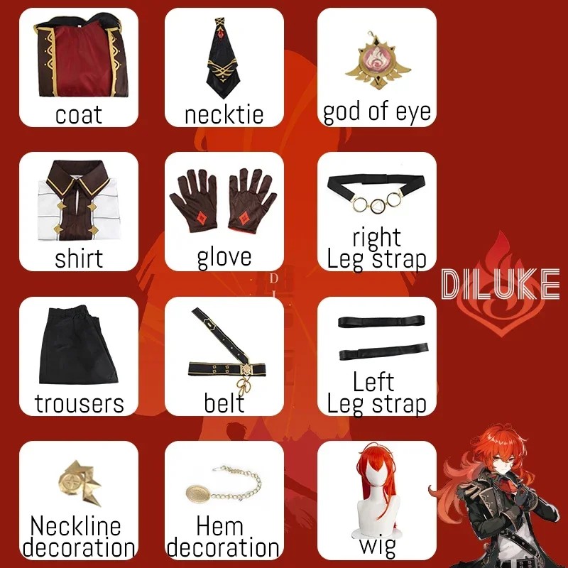 Genshin Impact Diluke Cosplay Costume Uniform Anime Halloween Costumes Men Game Diluc