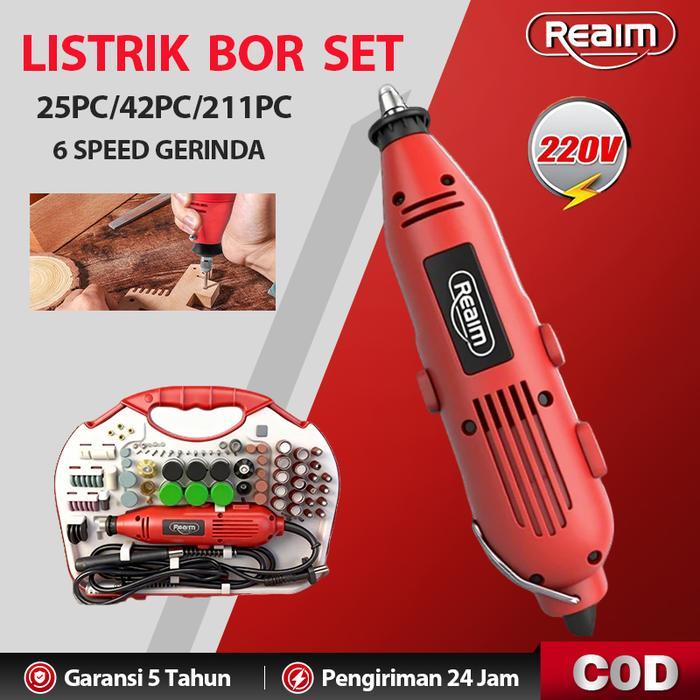 TERLARIS! REAlIM Bor Mini Set Lengkap 211PCs + Mata Bor Besi 1 Set - Mesin Gerinda & Ukir
