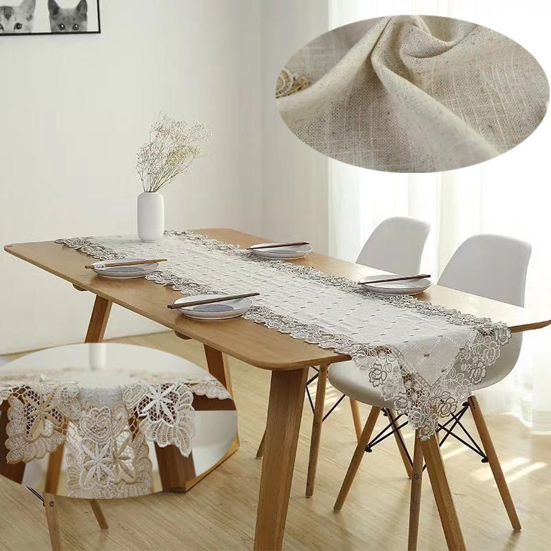 Light Grey Cotton Linen Embroidered Lace Home Decorative Dining Table/Tea Table Cloth Multi-function