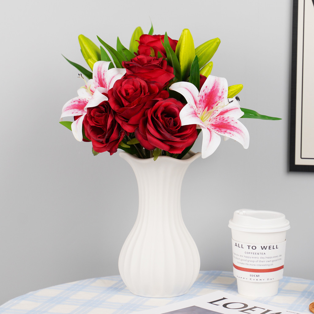 Artificial Flowers White Lily Red Rose Big Bouquet Silk Plastic Fake Flower for Home Wedding Decor L