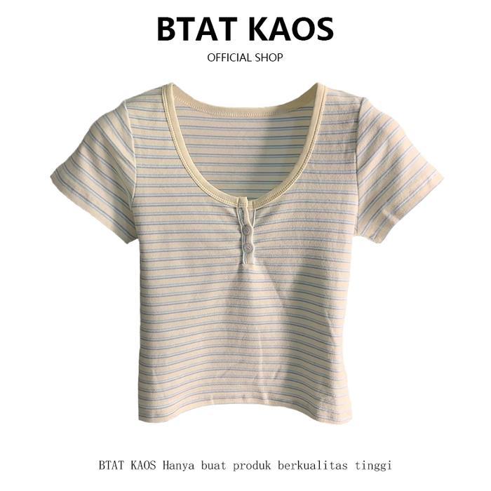 Crop Top Salur Biru/ T Shirt Kerah Setengah Terbuka Premium / Baju Kaos Wanita Terbaru 2024 Tbk