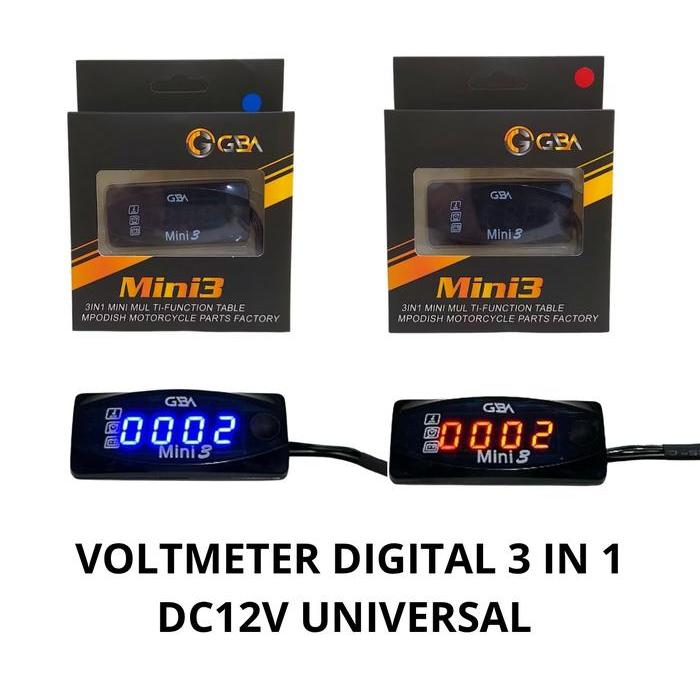 Deli Tools - Gba Voltmeter Digital Mini3 3In1 Pengukur Aki Motor & Suhu Jam Digital Dc12V Universal