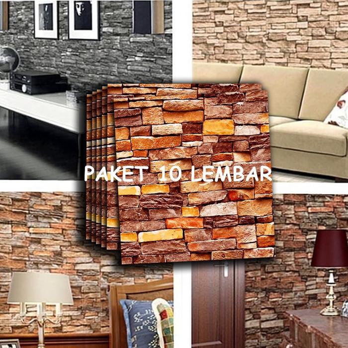 Best Seller Paket 10 Lembar Wallpaper Dinding 3D Embossed, Foam Timbul Motif Batu Bata Alam /