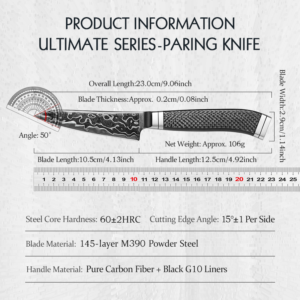 HEZHEN Ultimate Series 4.1 Inches Paring Knife 145-Layer M390 Core Damascus DLC Coated Blade Carbon