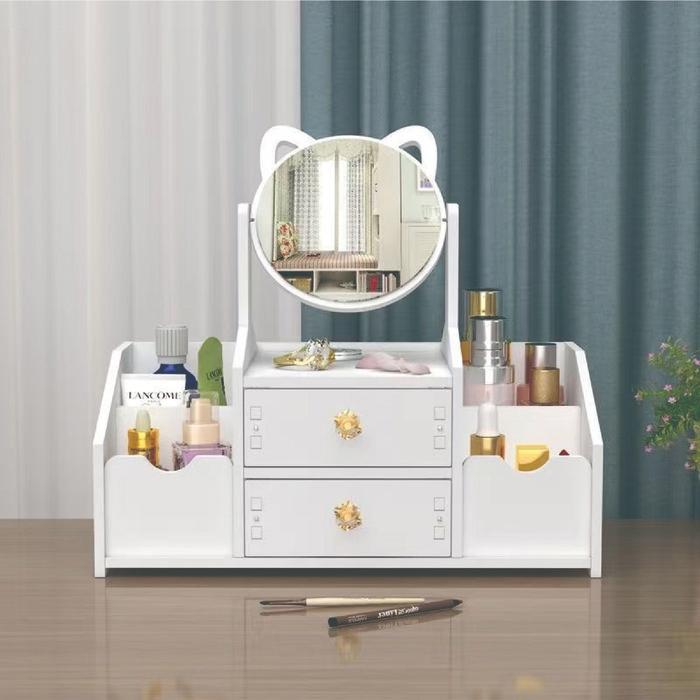 Rak Kosmetik Cermin Telinga Kucing 2 Laci Vintage Rak Kosmetik Cermin Kayu Ringan dengan Cermin