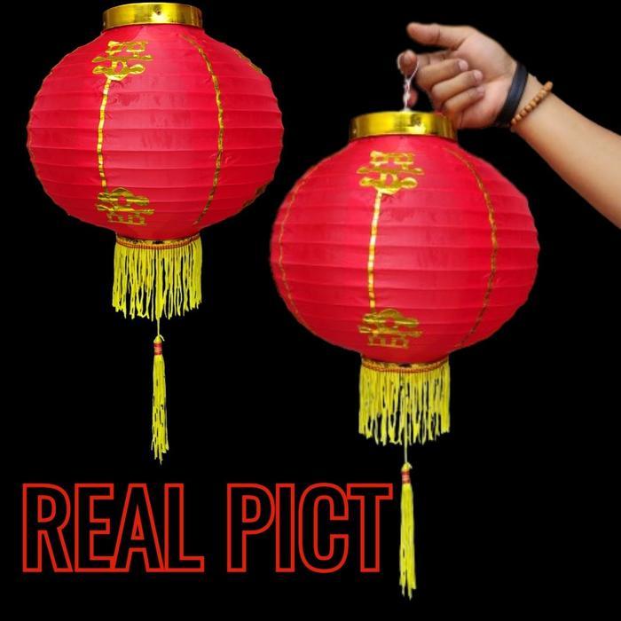 terbaru Lampion Kain Merah Motif Gantungan Sincia Lantern Imlek Polos 50cm