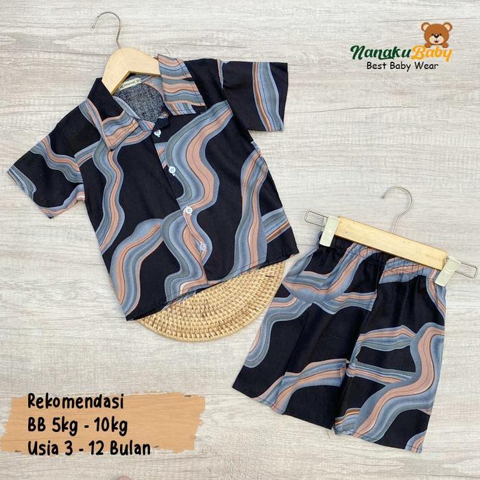 Nanaku Baby - S M L Xl One Set Setelan Anak Rayon Lengan Pendek Motif Salur Usia 3 Bulan Sampai 5