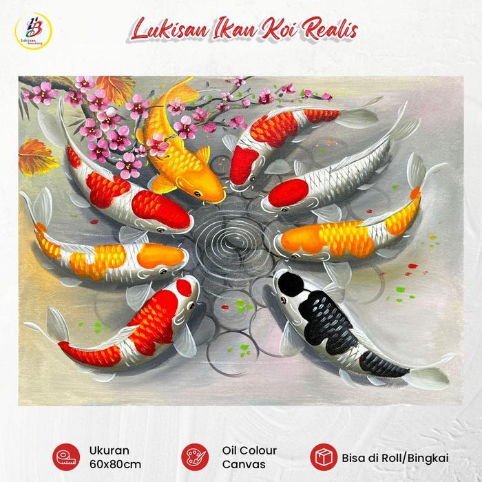 Lukisan Bandung Ready Lukisan Ikan Koi 9 Ekor Sakura 60x80cm Lukisan Kanvas Dinding Fengshui
