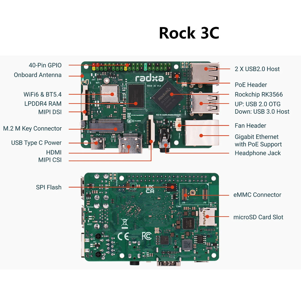 ROCK 3C RK3566 RADXA DEVELOPMENT BOARD ROCK 3C RK3566 QUAD-CORE CPU SINGLE BOARD COMPUTER, RASPBERRY