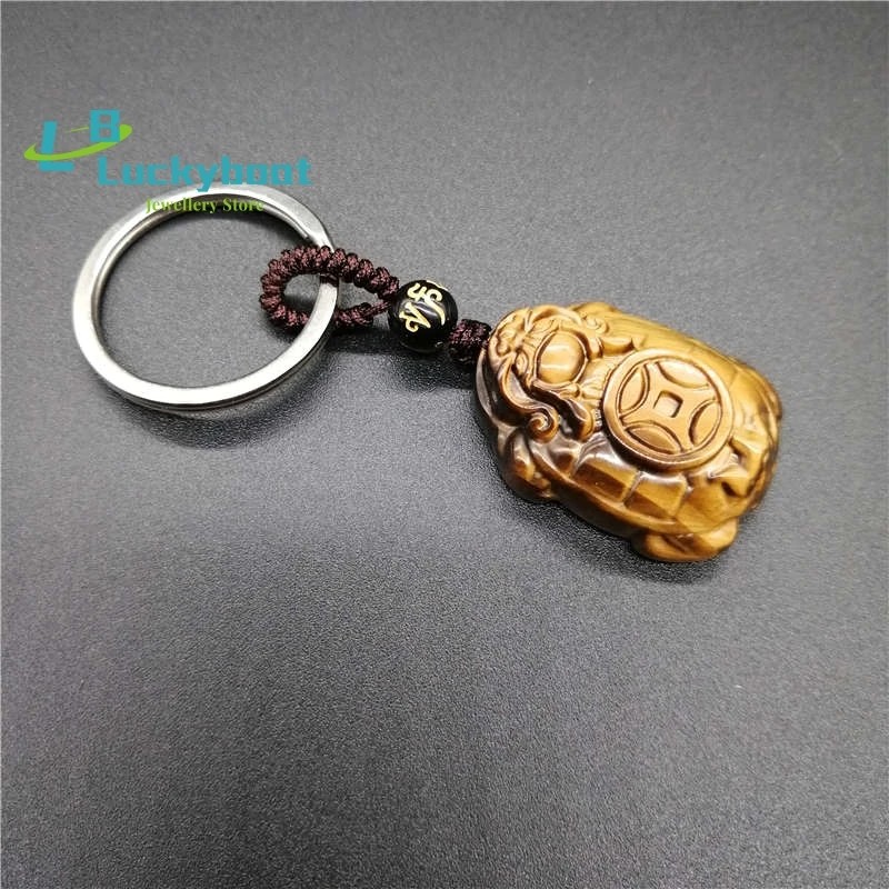 Natural Yellow Tiger eye KeyChain Carved Chinese Dragon Turtle KeyChain Lucky Amulet Bring Wealth