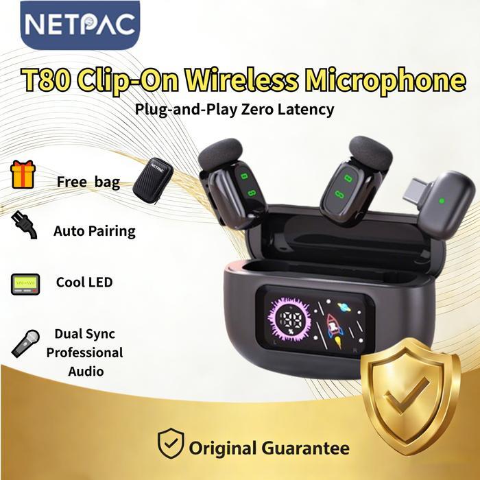 Netpac T80 Wireless Microphone 2 Lavalier Mic Plug Play Untuk Hp Kamera Live Streaming Youtube/Vlog