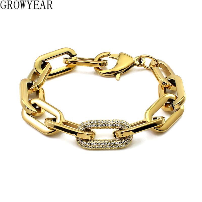 Gelang Stainless Steel untuk Wanita Pria dengan Kristal Warna Emas Tebal Besar Gelang Tangan