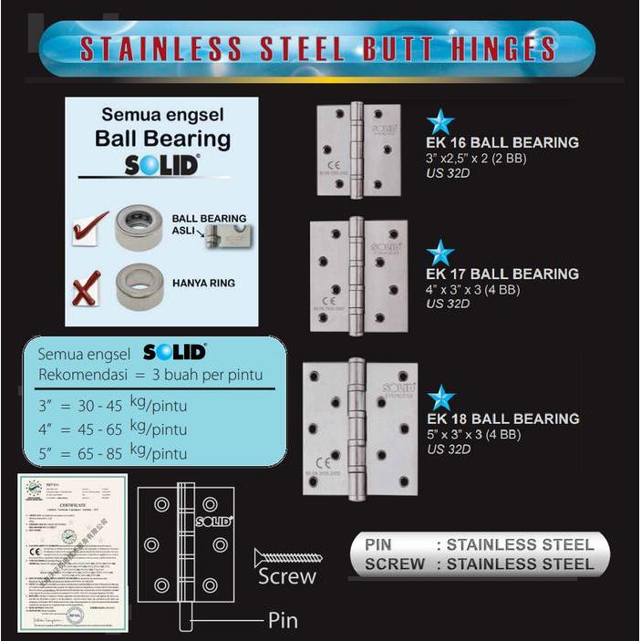 SOLID Engsel Stainless 4 inch EK 17 / Engsel Pintu 4 Ball Bearing