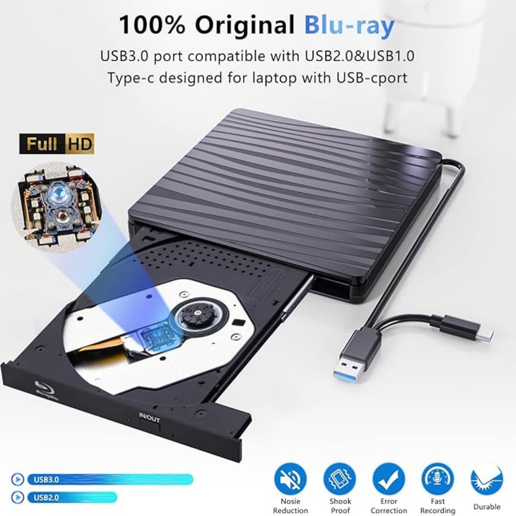 USB3.0 External Blu-ray Optical Drive for Laptop PC Windows 11/10 Mac Portable 3D BD-RW Drive BD DVD