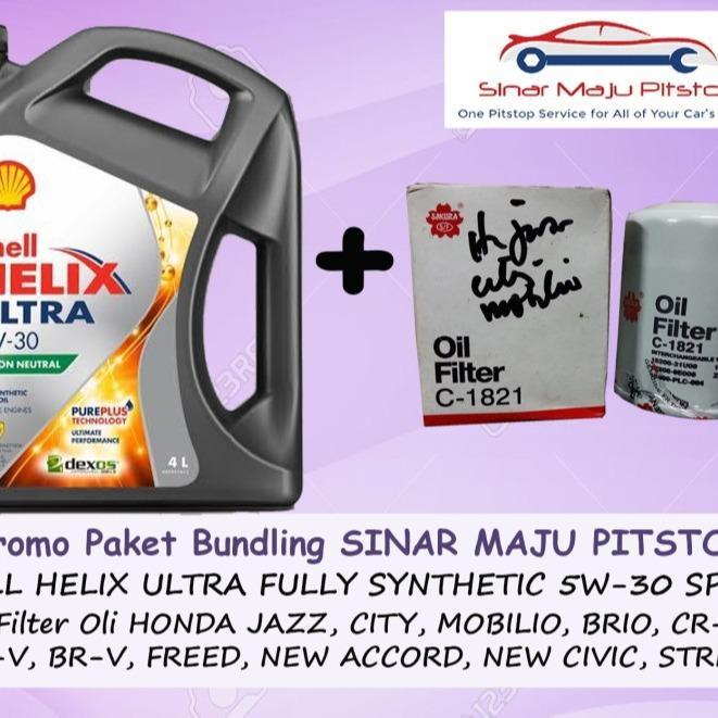 Paket Bundling Oli SHELL HELIX ULTRA HX8 5W-30 API SP Original 4 Liter & Filter Oli Mobil HONDA JAZZ