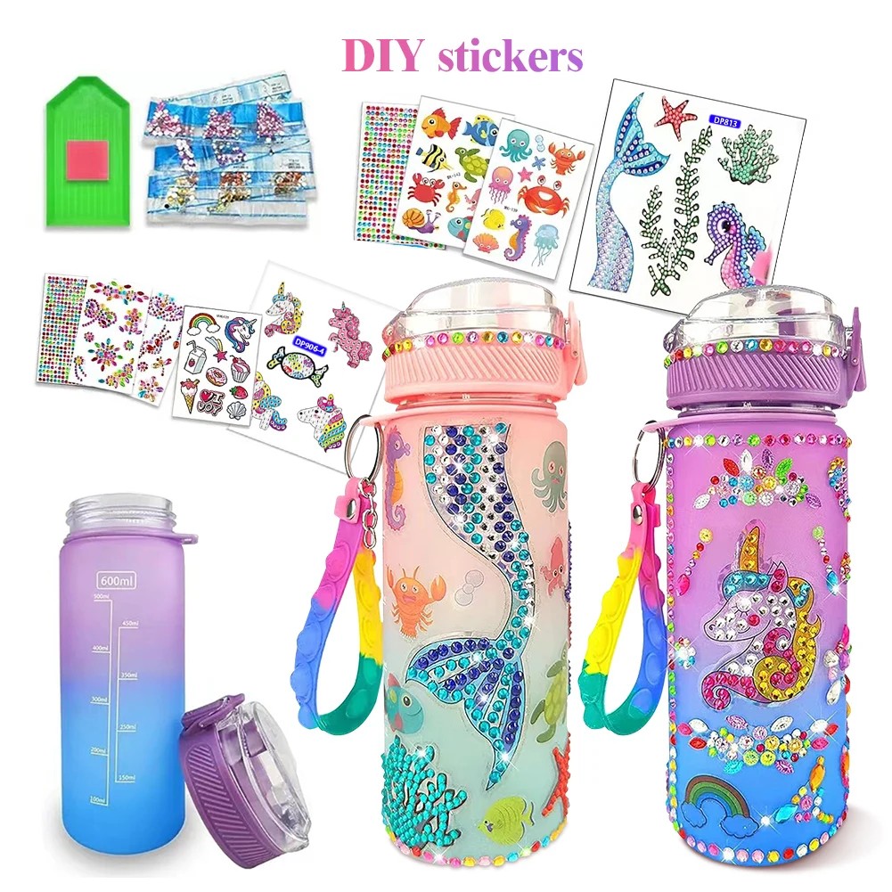 600ml Diamond Stickers Bottle with Glitter Diamond Student School Kettle Creative Cartoon Water Kett