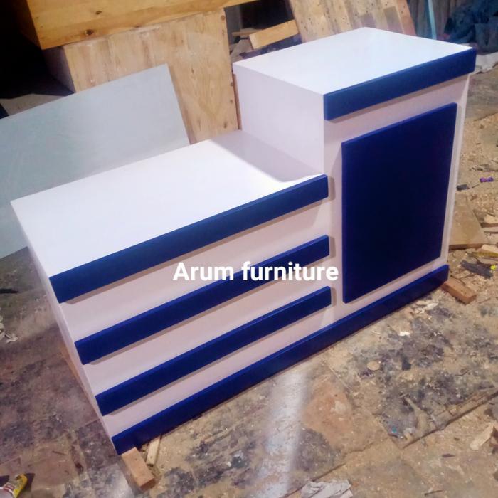 meja kasir full duco putih lis biru BCA Kayu