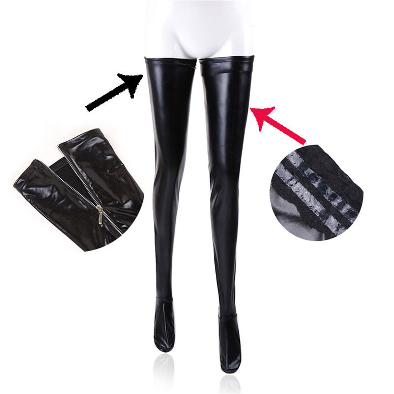 Women Sexy Latex Zipper Stockings Lady's Black PVC Pole Dance Leather Erotic Clubwear Length Over