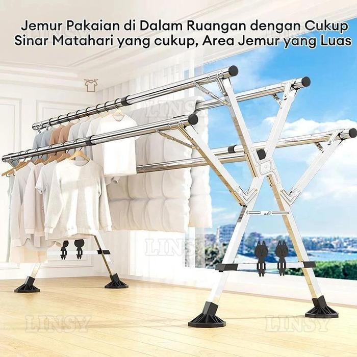 Jemuran Baju Lipat 5 Tiang Dengan Roda Jemuran Baju Lipat Stainless Steel Jemuran Pakaian Super