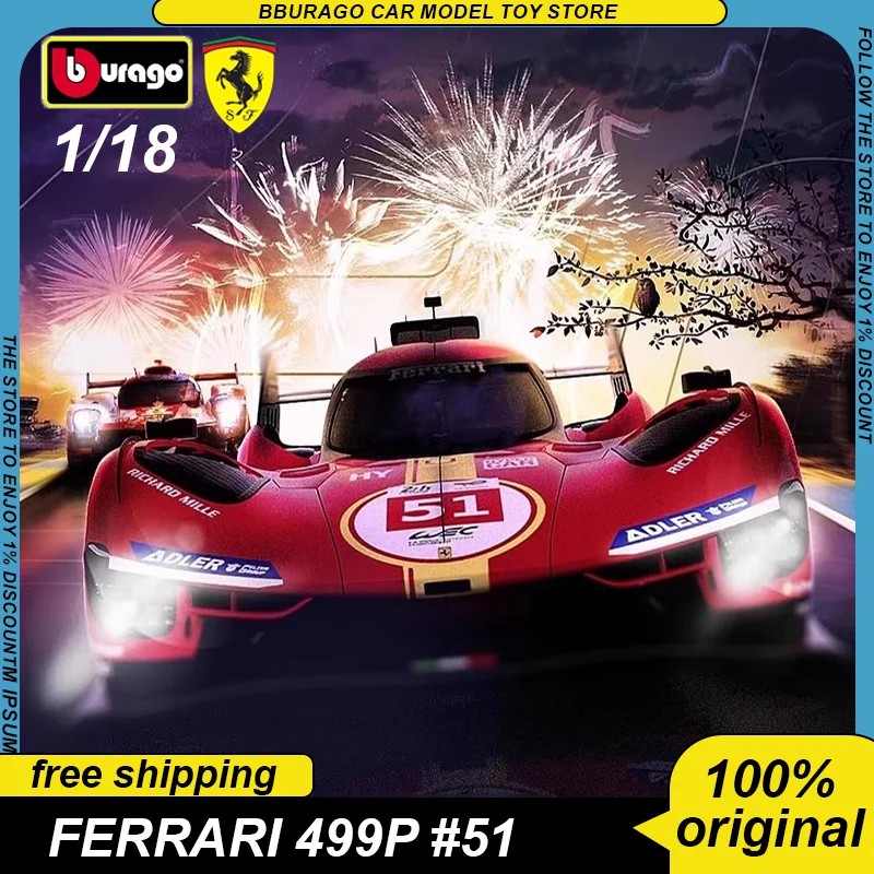 1:18 Bburago New Product Ferrari 499p 51 Racing Car Le Mans
